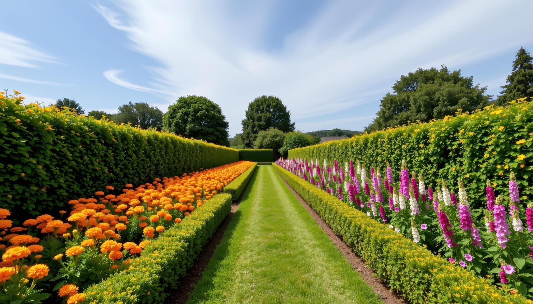 a hedge bordered garden walk lined with uniform rows of marigolds and foxgloves. photo