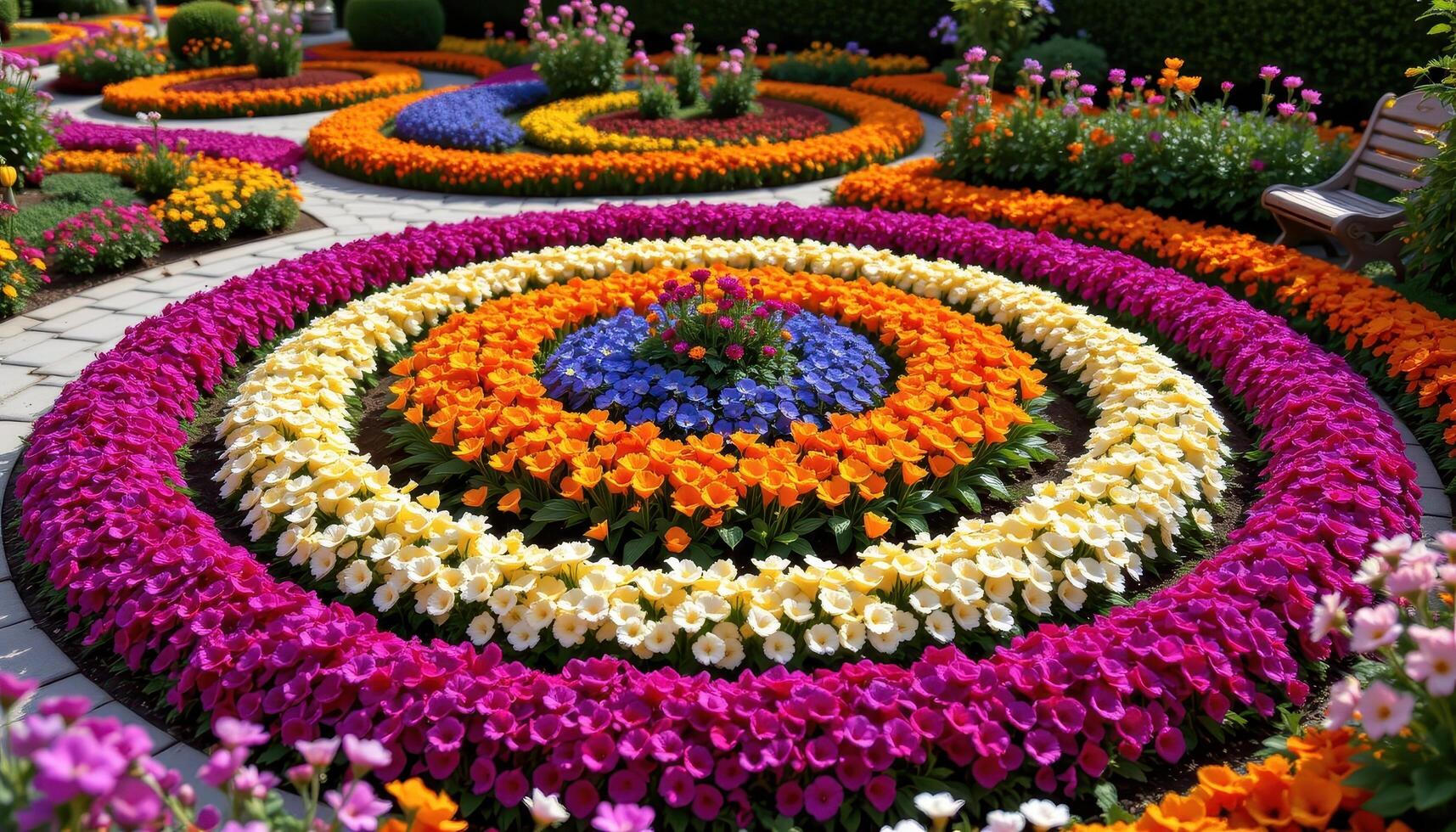 a patterned flower garden designed in swirling circles of brilliant color and symmetry. photo
