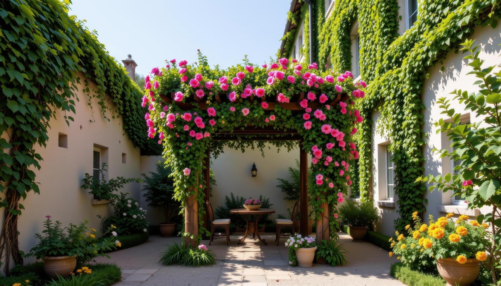 a flower covered pergola in the center of a courtyard surrounded by ivy covered walls. photo