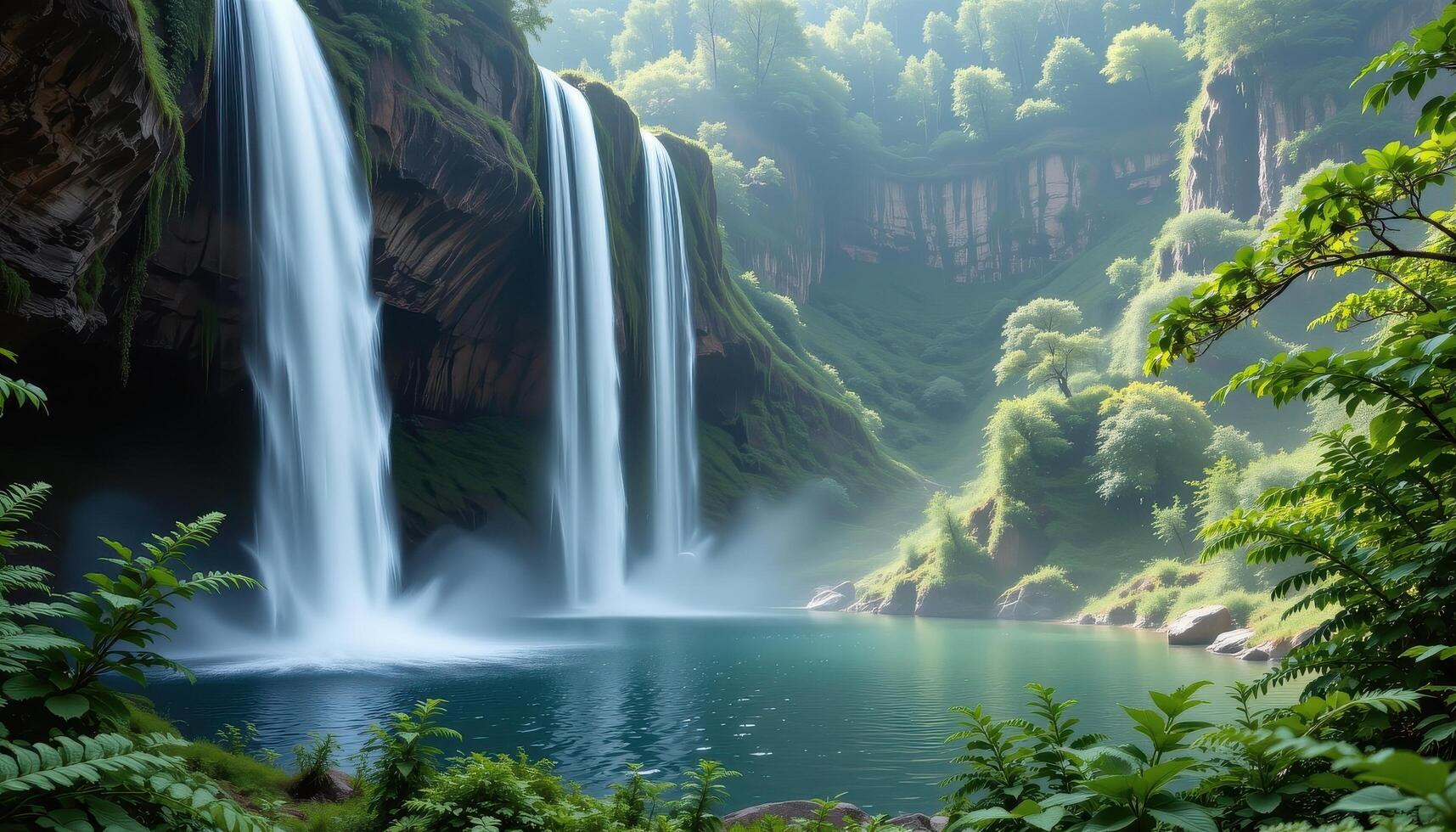 a curtain of mist falls from a hidden cliff into a pool below surrounded by ferns. photo