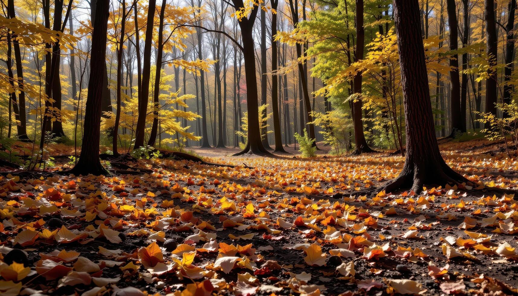 a quiet forest clearing glows with golden leaves scattered across the ground, untouched by time. photo