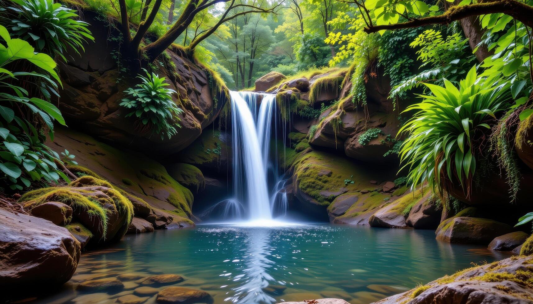 a hidden waterfall cascades down moss covered rocks into a serene jungle pool. photo