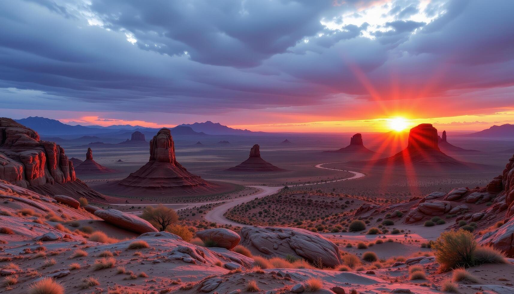 the last light of day glows on the surface of a high altitude desert plateau scattered with strange rock formations. photo