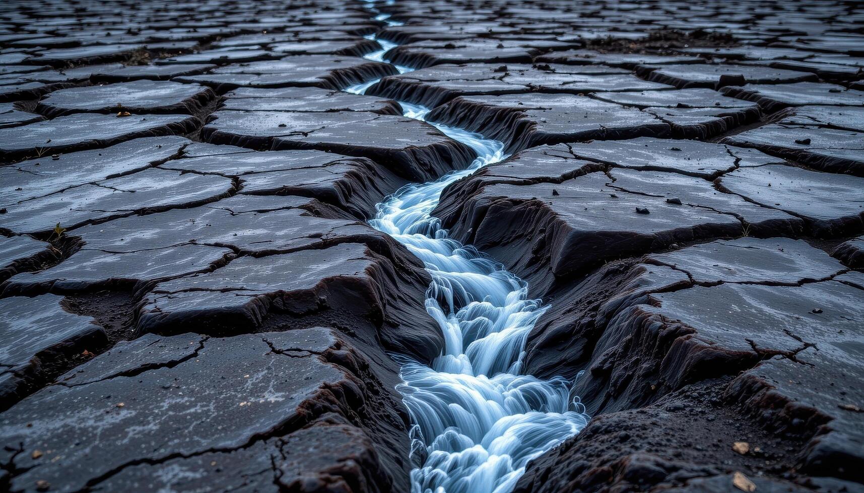 water seeps through cracks in black volcanic rock, forming steaming pools in an alien landscape. photo