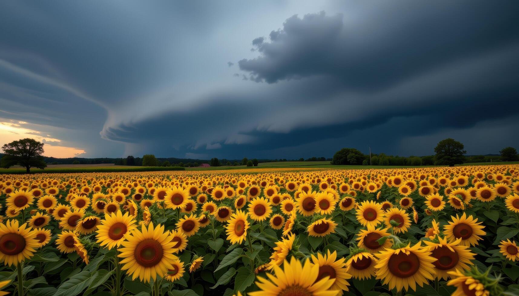 a thunderstorm brews on the horizon above a sunflower field drenched in golden light. photo
