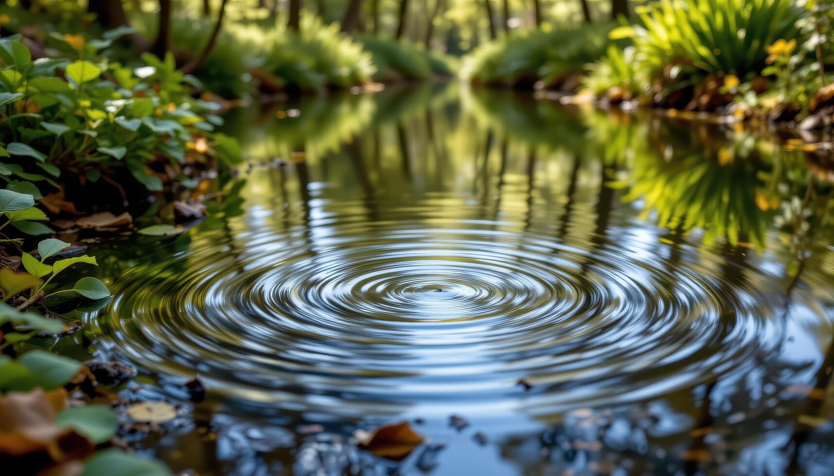 gentle ripples disturb the surface of a forest pond surrounded by lush undergrowth. photo