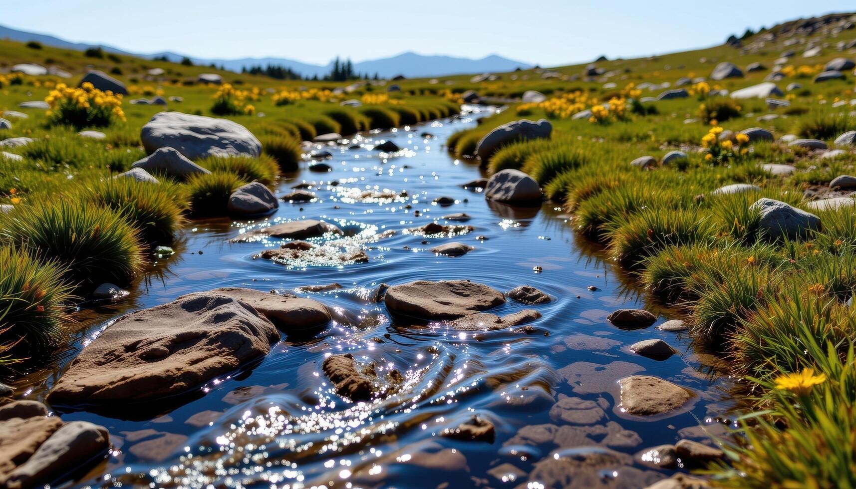 crystalline water flows through shallow channels in a high altitude meadow. photo
