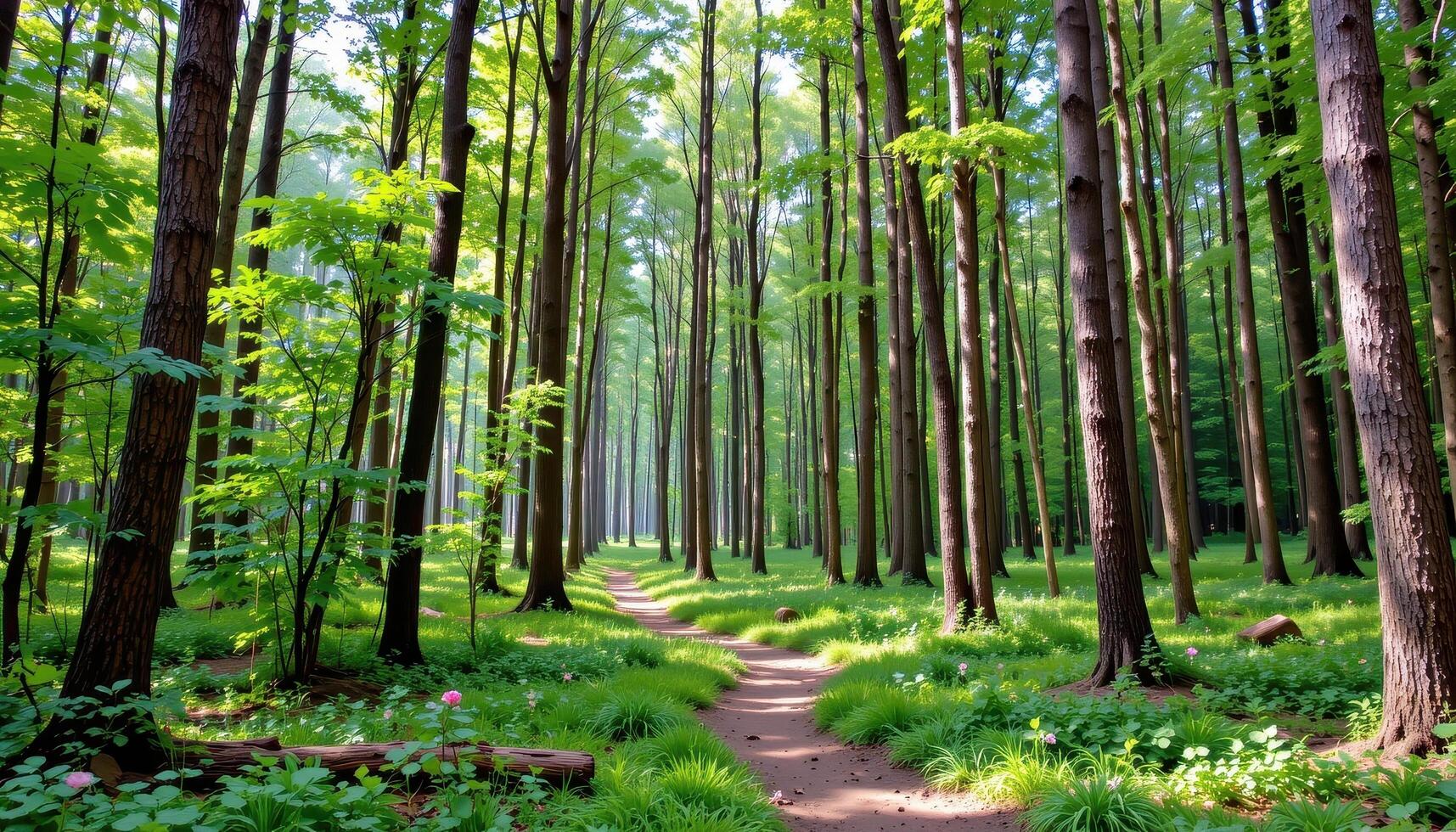 a forest path winds through towering trees under a green canopy. photo