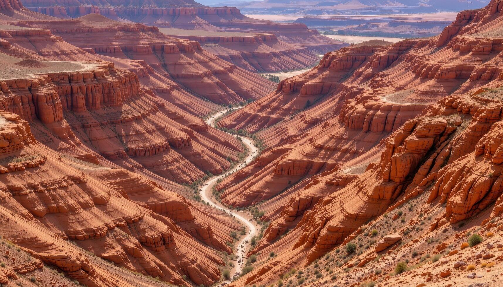 slopes of red and orange earth form patterns in a dry desert canyon. photo