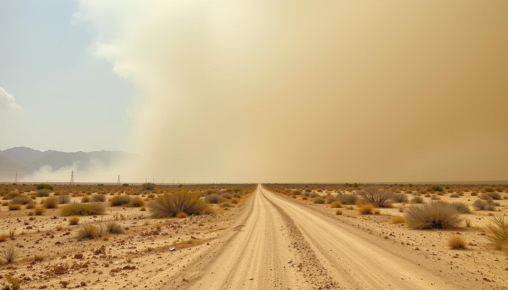 a sandstorm approaches across a dry plain with distant hills barely visible. photo