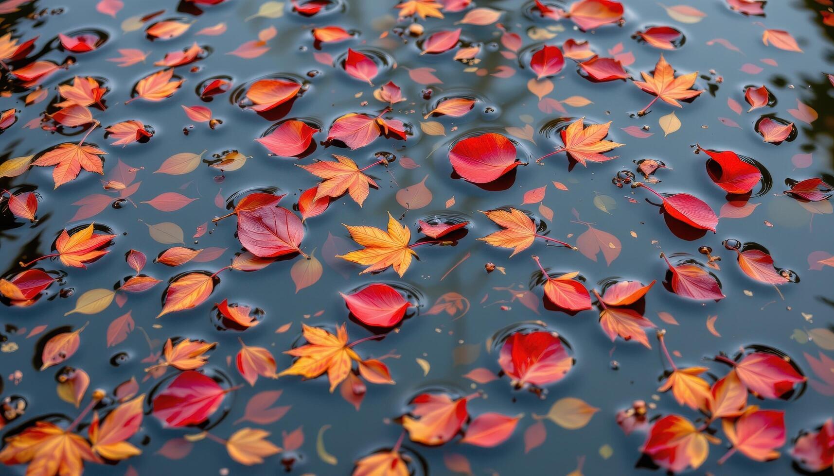 red and orange leaves float gently on the surface of a quiet pond. photo