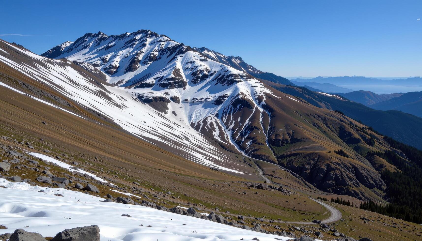 the last traces of snow melt on the south facing slopes of a spring mountain. photo