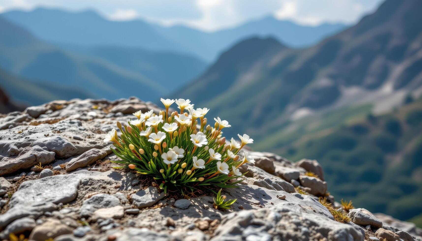 delicate flowers bloom among rocks on the edge of a high mountain pass. photo