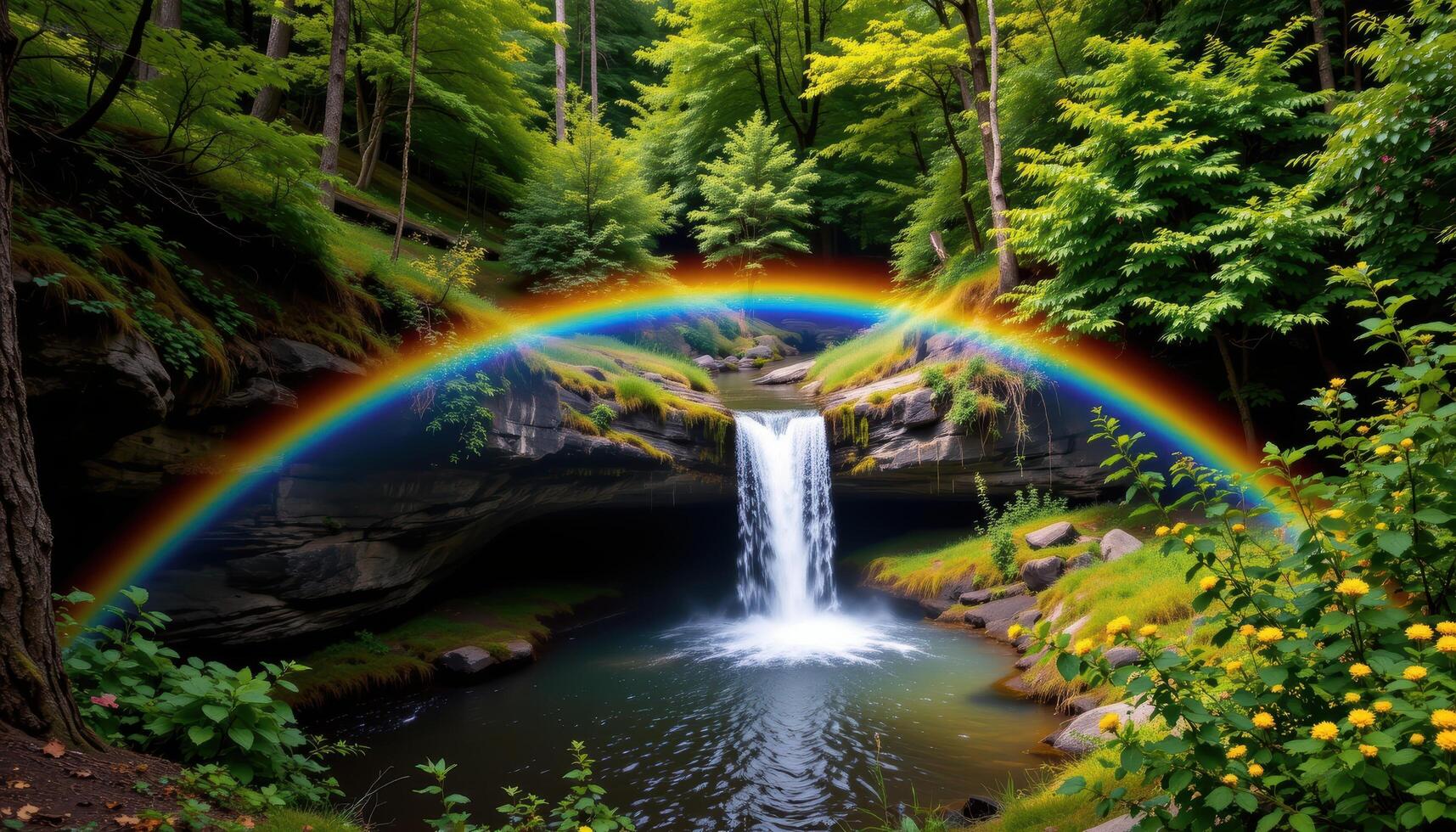 a rainbow arcs over a quiet waterfall hidden deep in the forest. photo