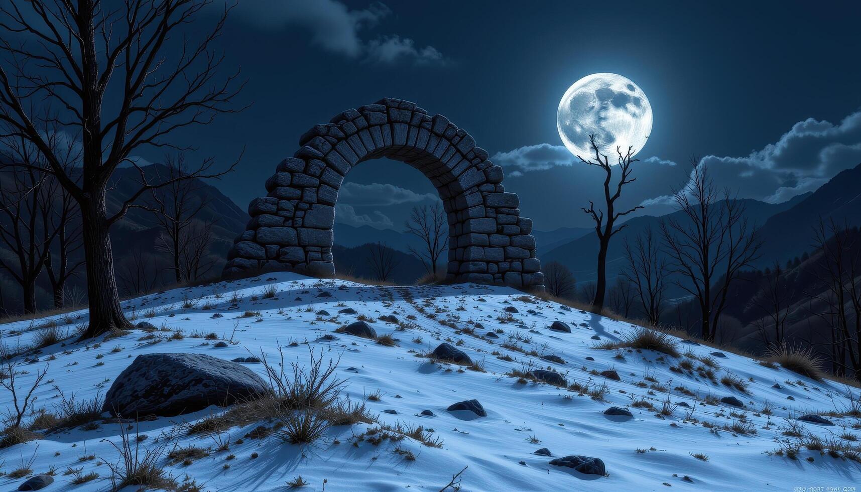 a stone arch stands in silence atop a barren hill under the full moon. photo