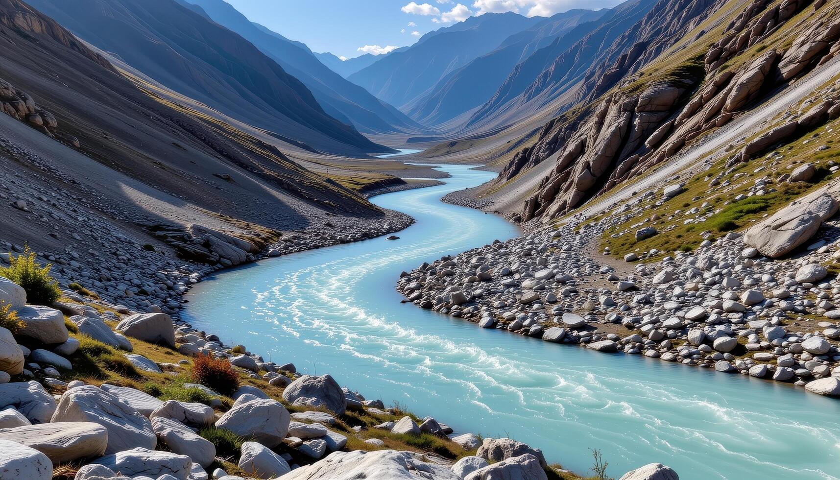 a glacial river twists through a rocky valley, its waters milky blue with silt. photo