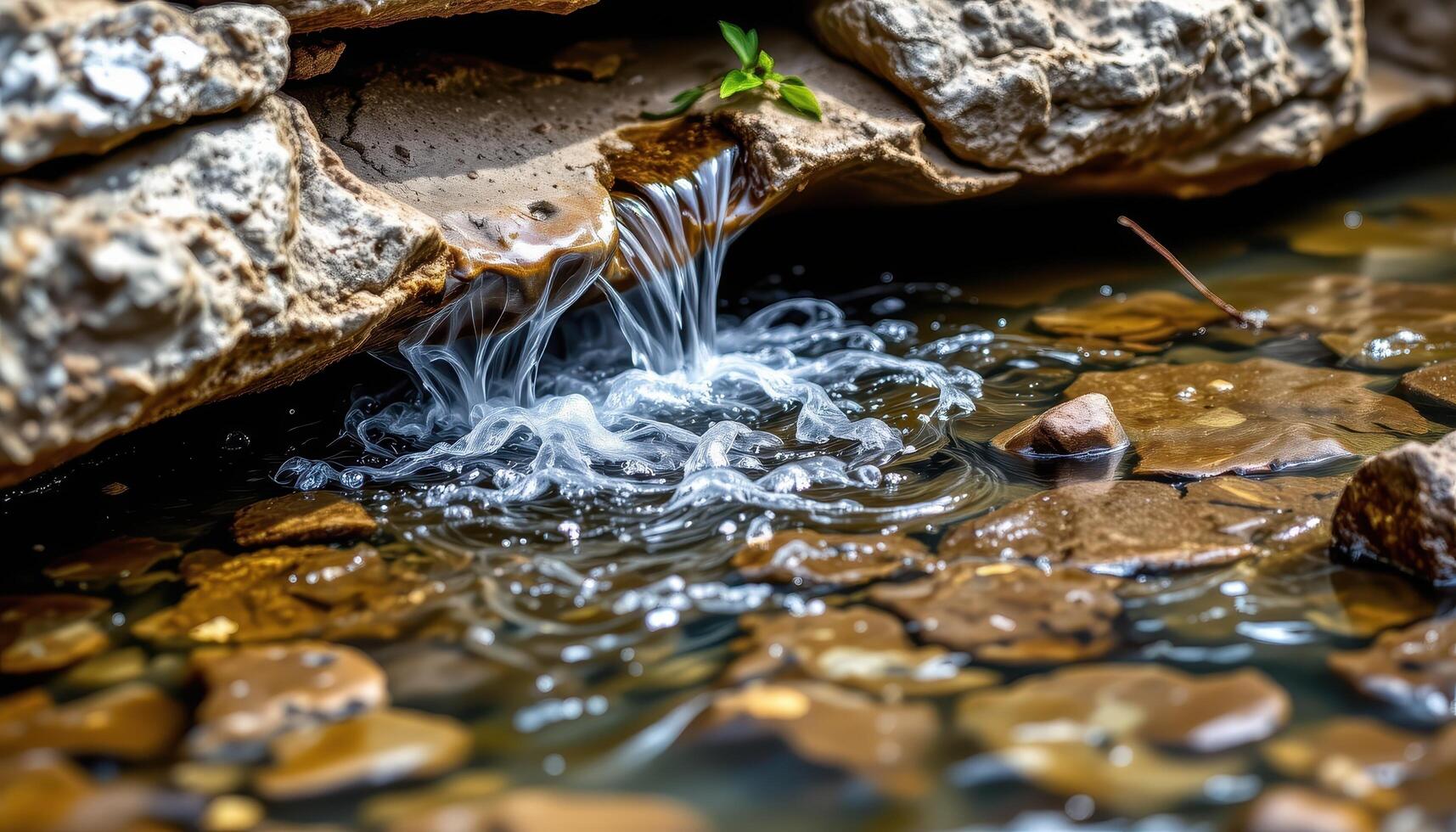 spring water bubbles from beneath a rock shelf into a crystal clear stream. photo