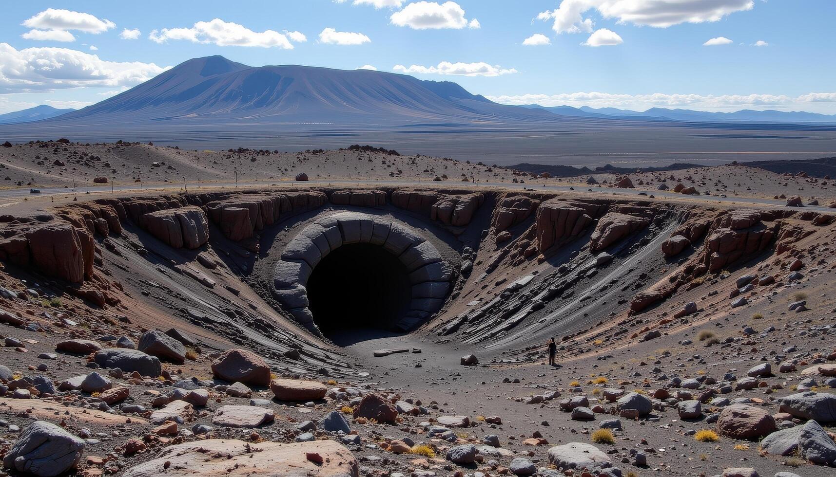 an ancient lava tube tunnels beneath a hardened volcanic plain. photo