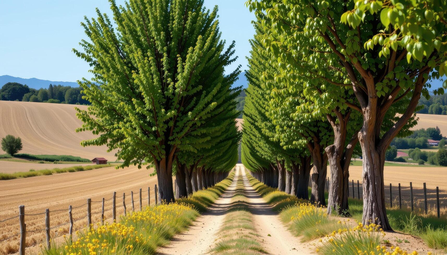 a row of tall cypress trees lines a dirt path cutting through the countryside. photo