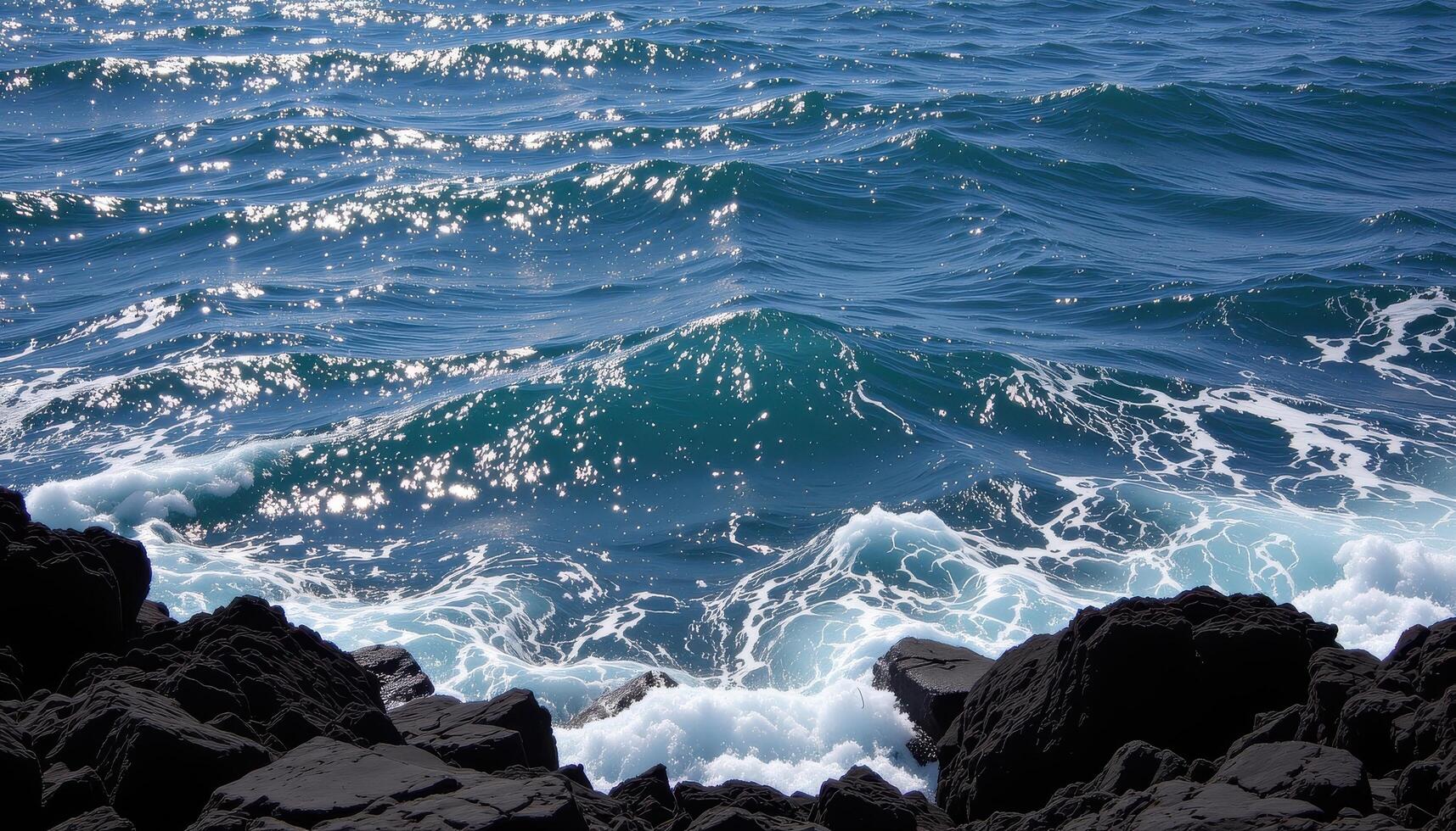 the sea sparkles under midday light, bordered by sharp black lava rock. photo