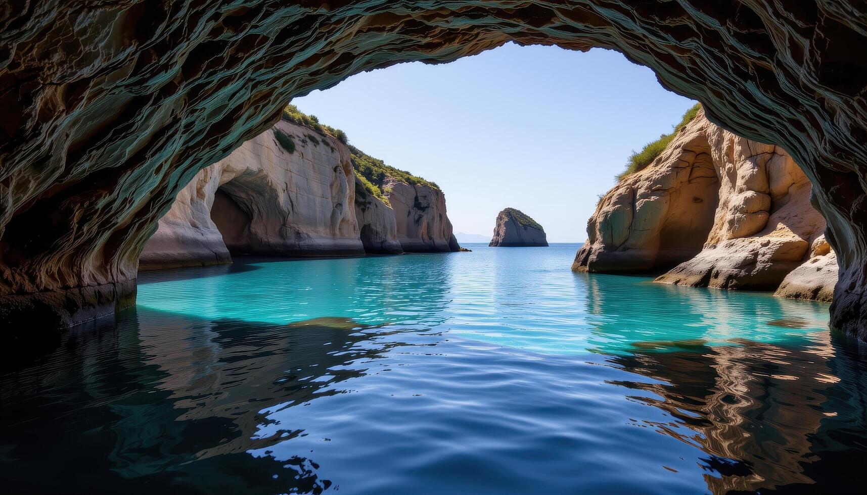 a lagoon's surface remains glassy and undisturbed beneath overhanging cliffs. photo