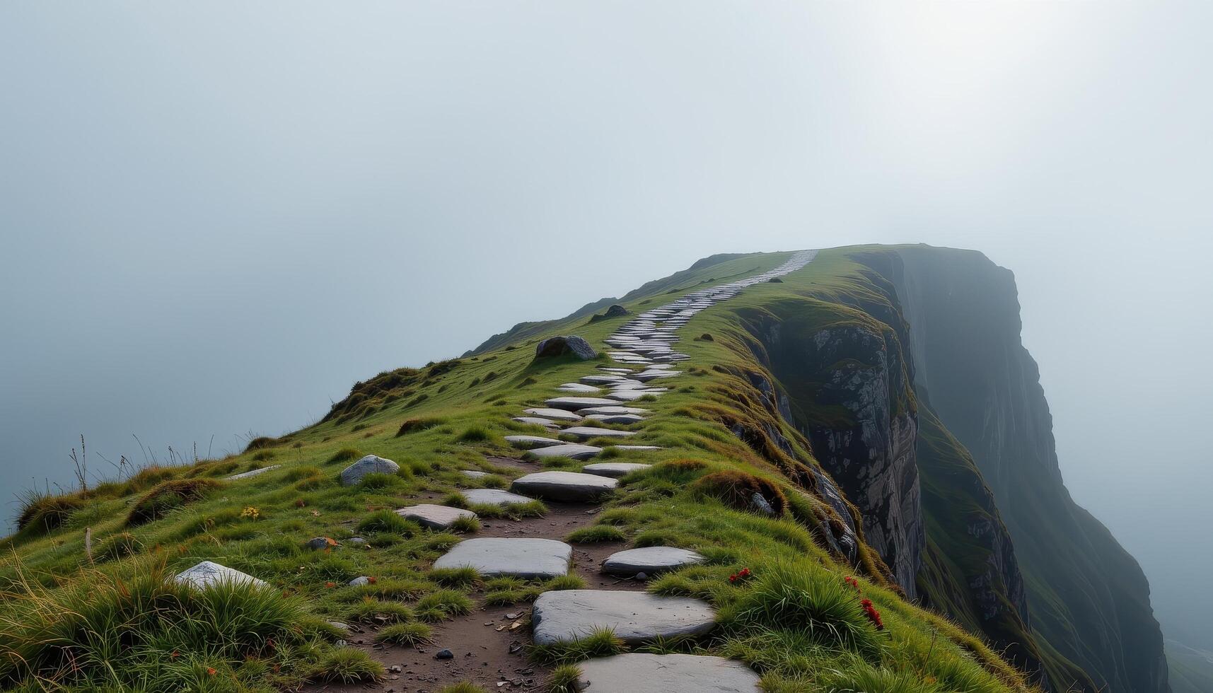 a stone path vanishes into the mist near the edge of a grassy cliff. photo