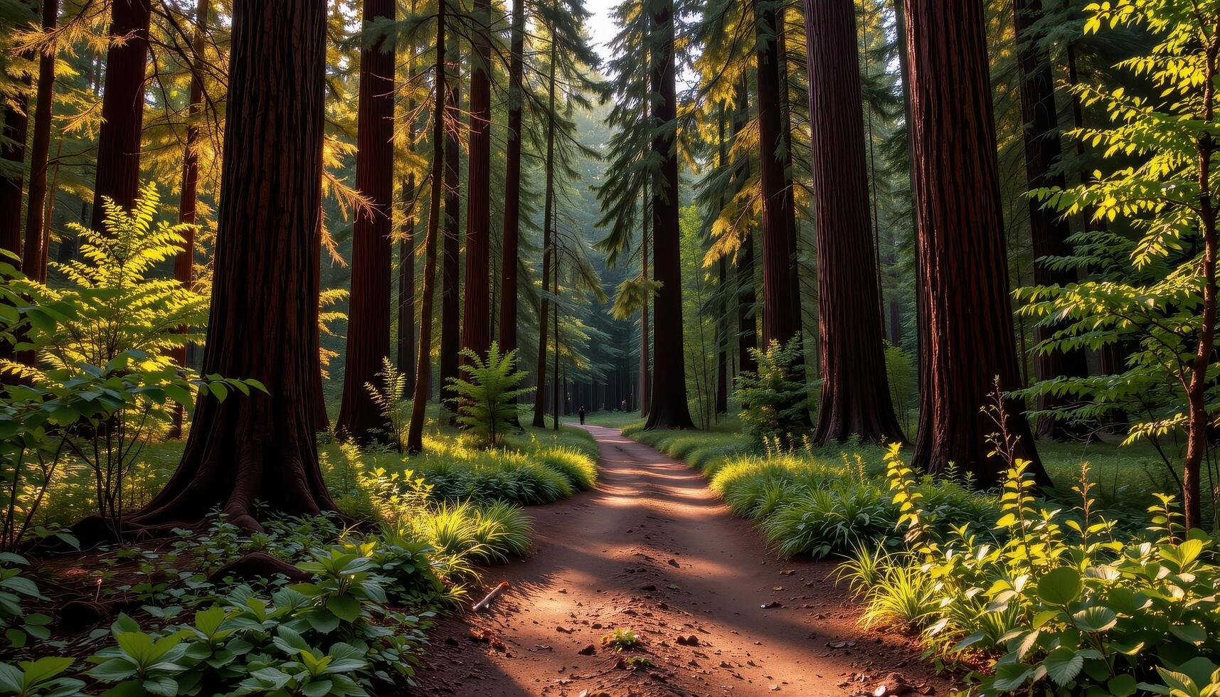 an abandoned path winds through a grove of redwoods bathed in golden hour light. photo