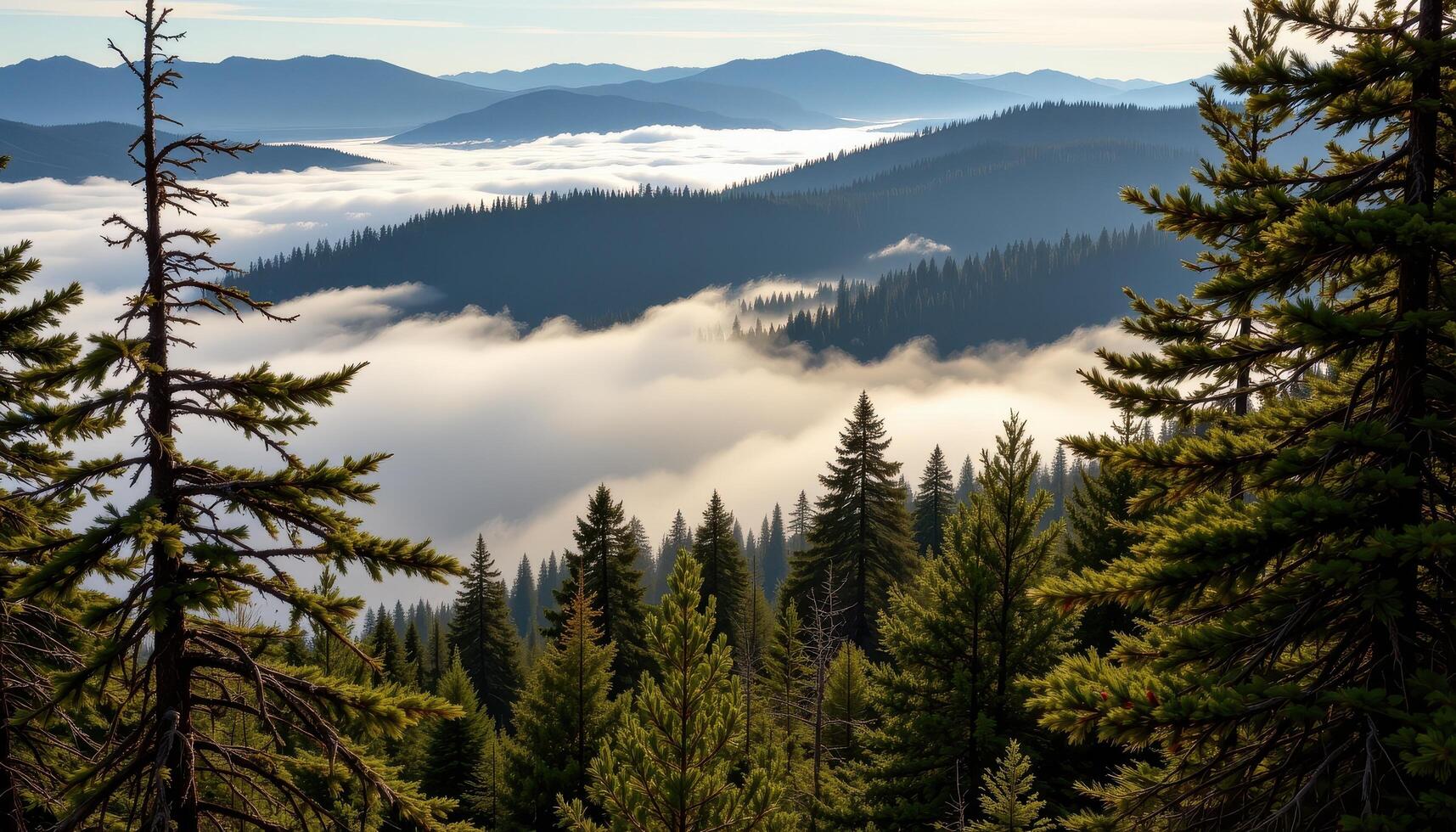 a blanket of fog slowly rolls over a ridge of pine covered hills. photo