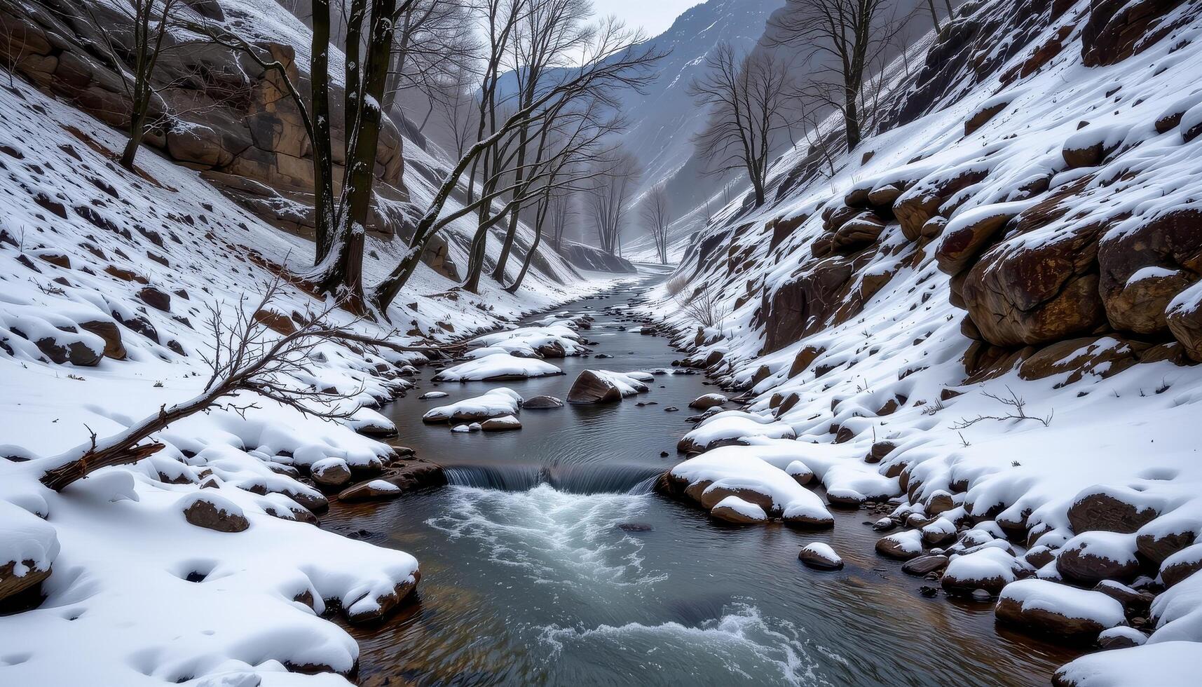 a mountain stream flows through a gorge lined with frost covered trees. photo