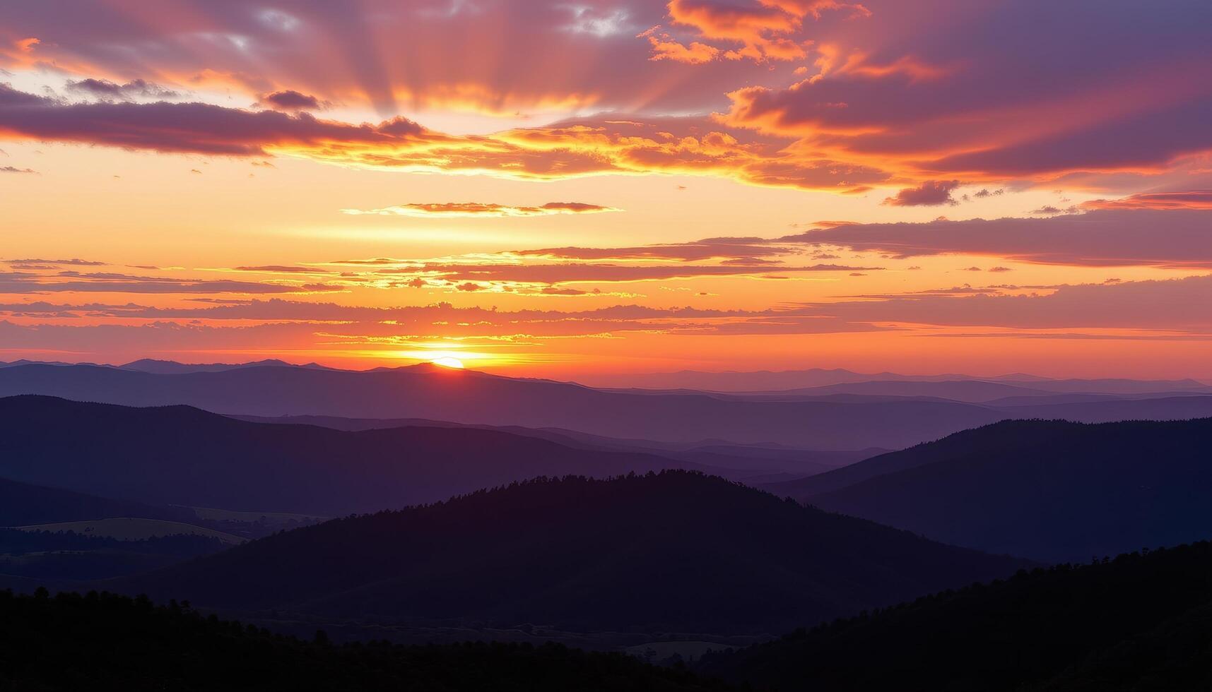 the sky turns violet and gold above the horizon of rolling hills. photo