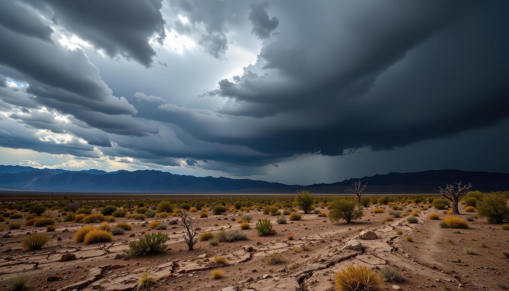a dark sky full of storm clouds broods above a dry, cracked valley. photo