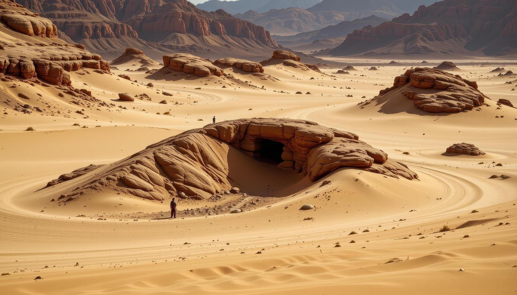 shifting sands bury ancient stone outcrops in the heart of the desert. photo