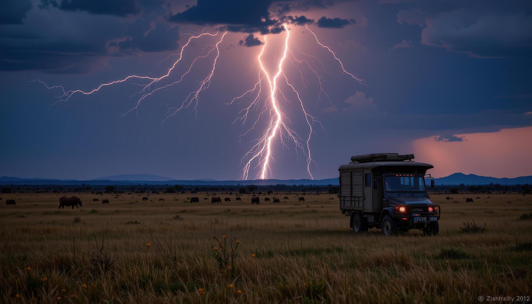 the sound of distant thunder rolls across an open savanna under a dark sky. photo