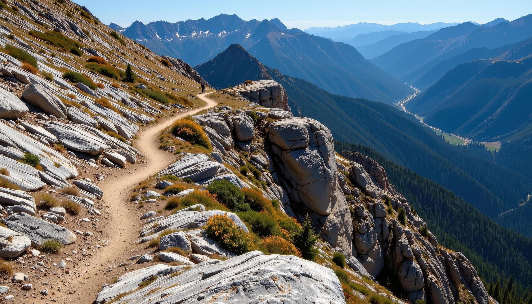 a mountain trail snakes along a razor thin ridge above a steep drop. photo