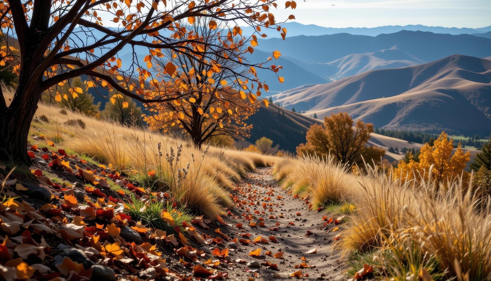 a sharp wind carries dry leaves across a narrow path through rolling hills. photo