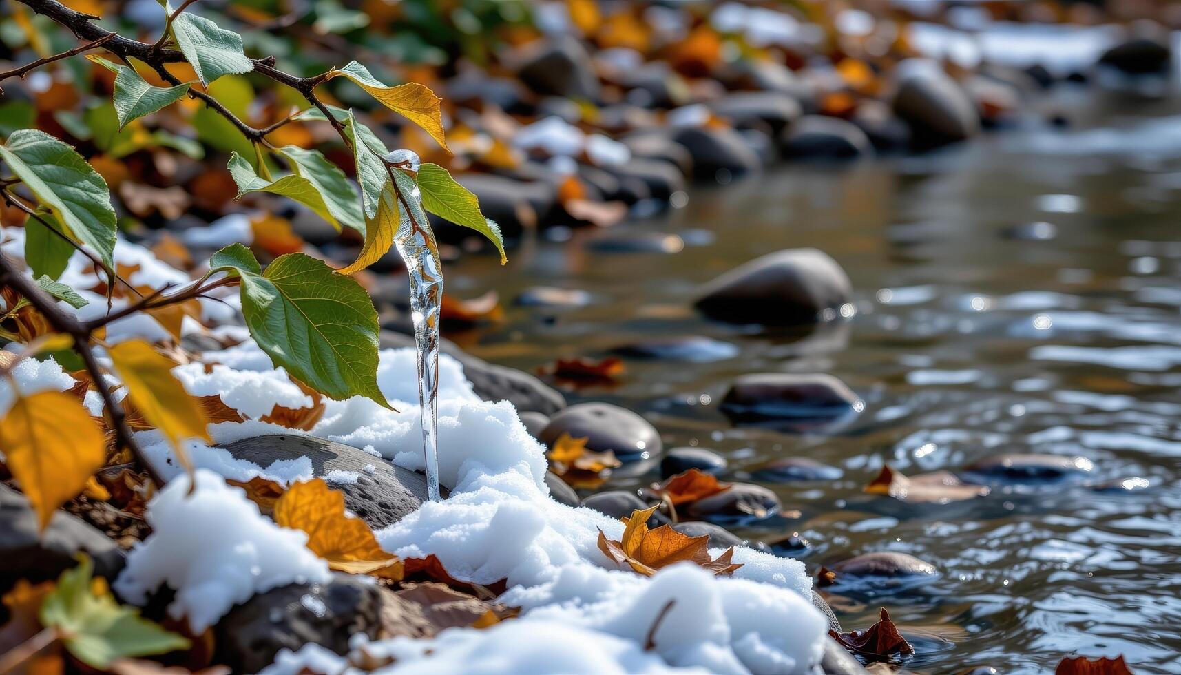 ice clings to the edges of leaves and stones beside a silent brook. photo
