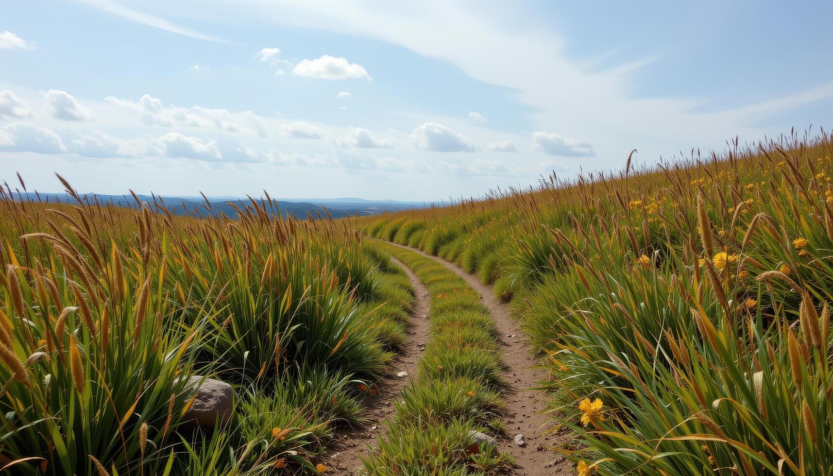 a faint trail winds through high meadow grasses under a silver sky. photo