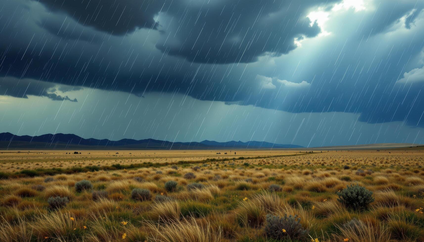 a sheet of rain sweeps across the open plains beneath a thunderous sky. photo