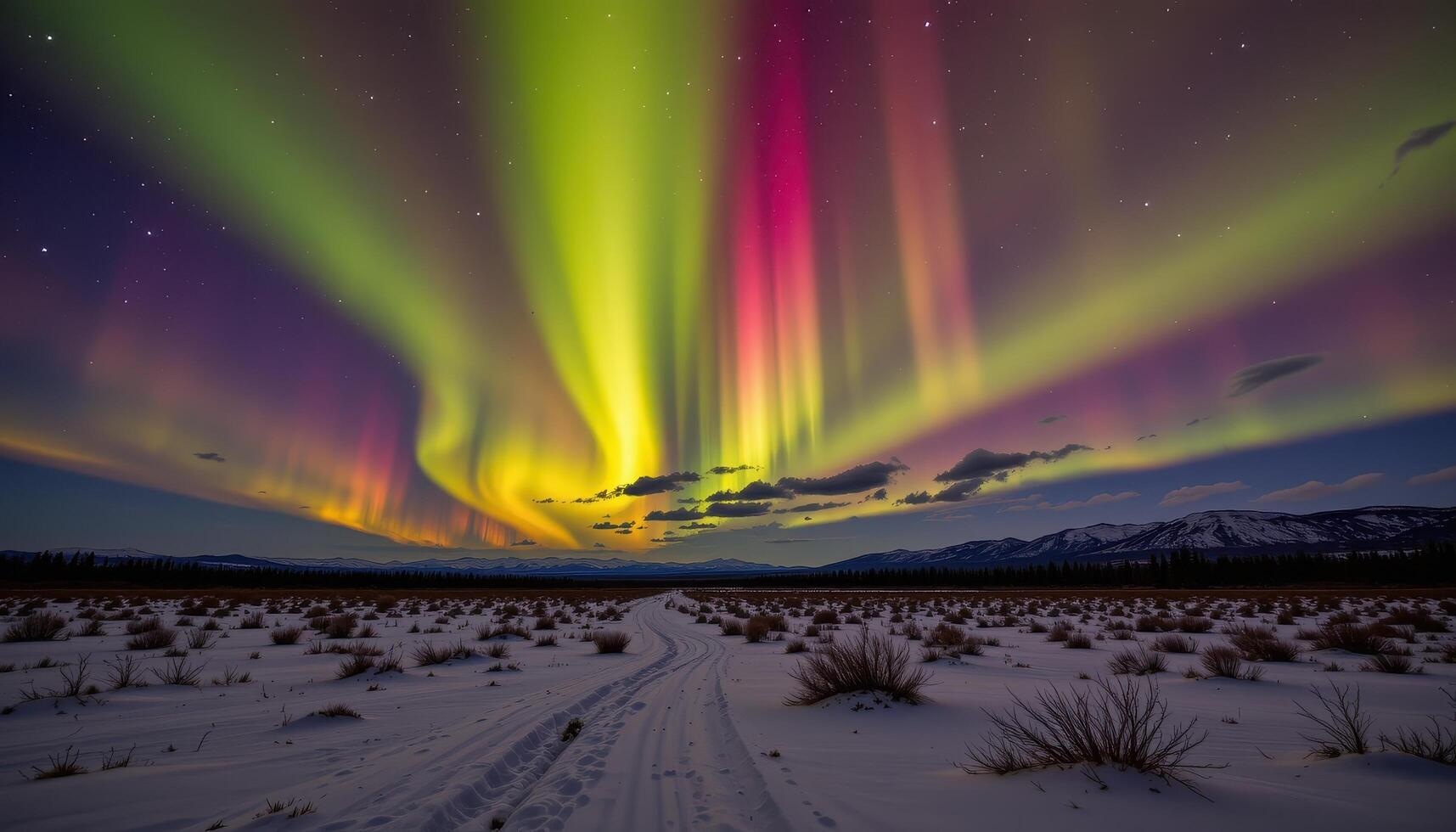 a flat expanse of tundra glows under a sky painted with northern lights. photo