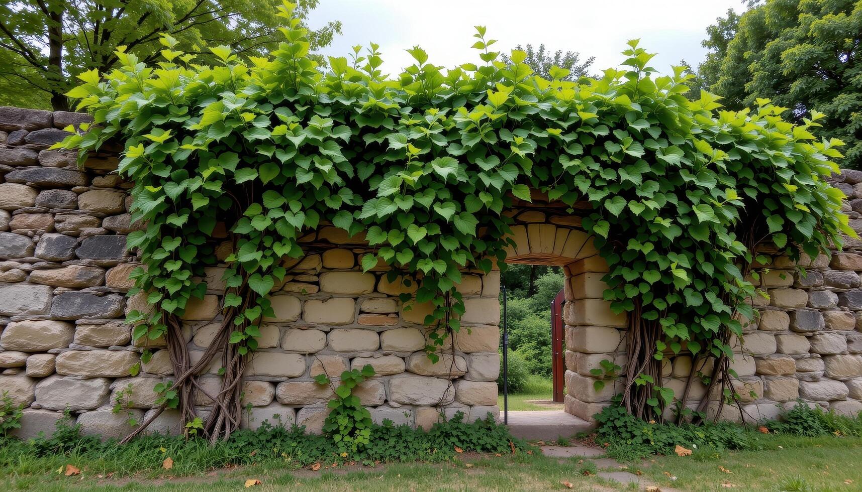 a canopy of thick vines covers the ruins of an old stone wall. photo