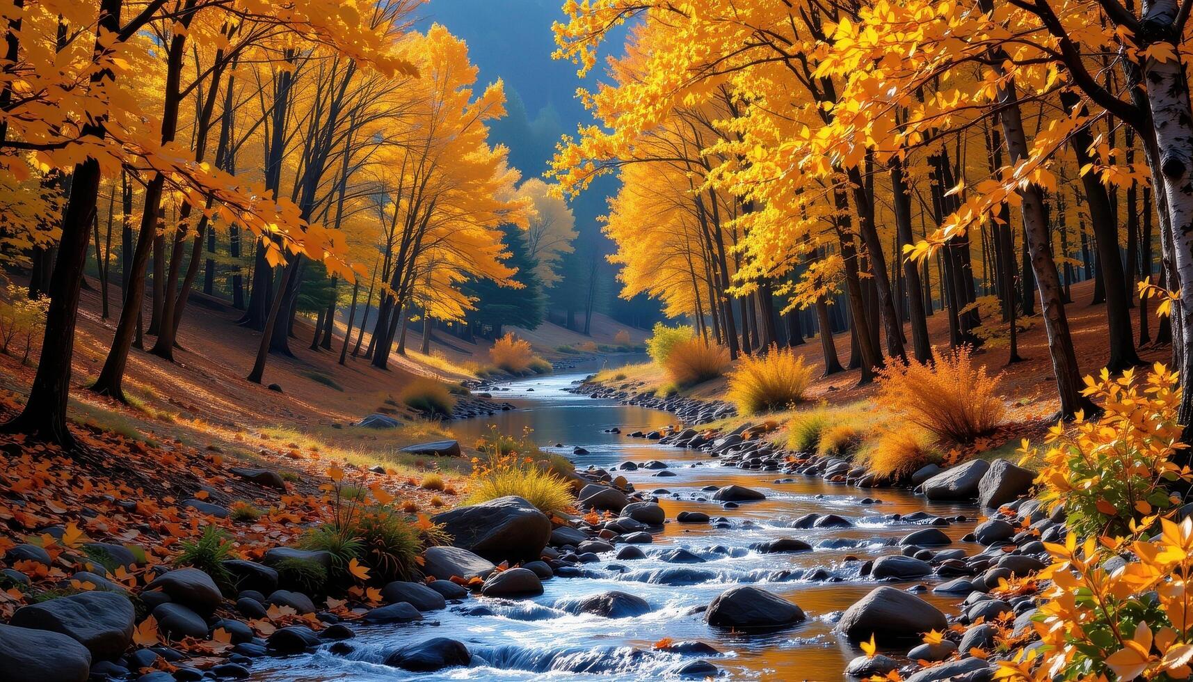 a shallow creek winds through a forest of golden autumn trees. photo