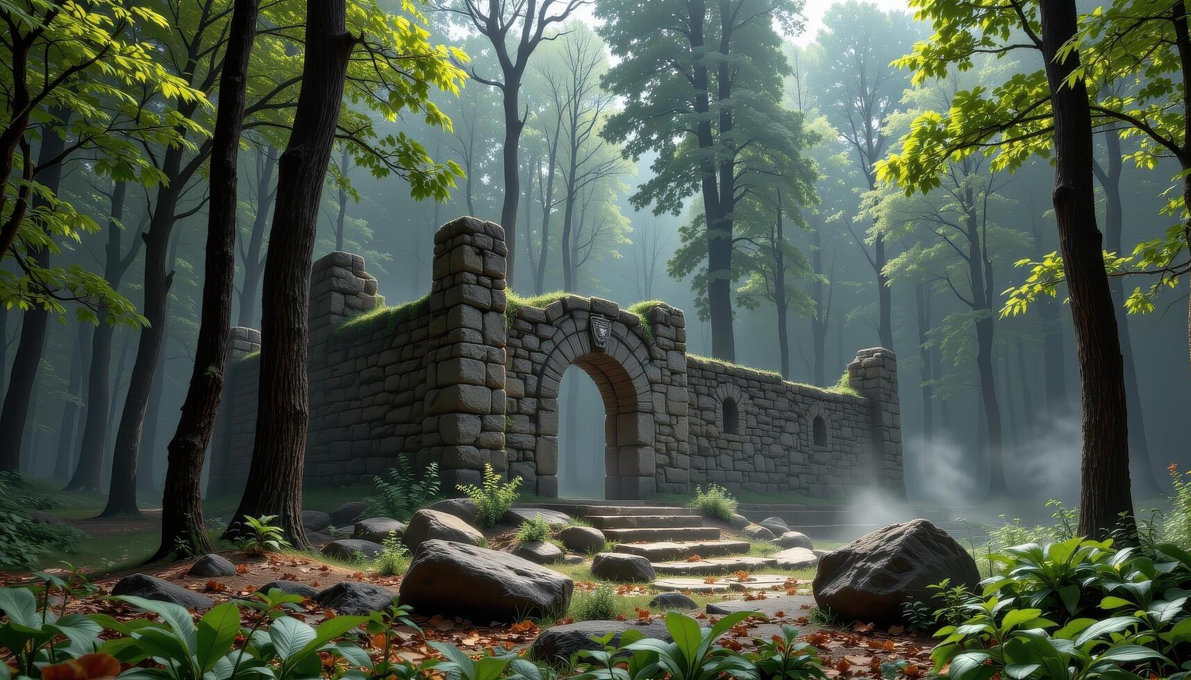 mist curls around the base of ancient stone ruins hidden in the forest. photo