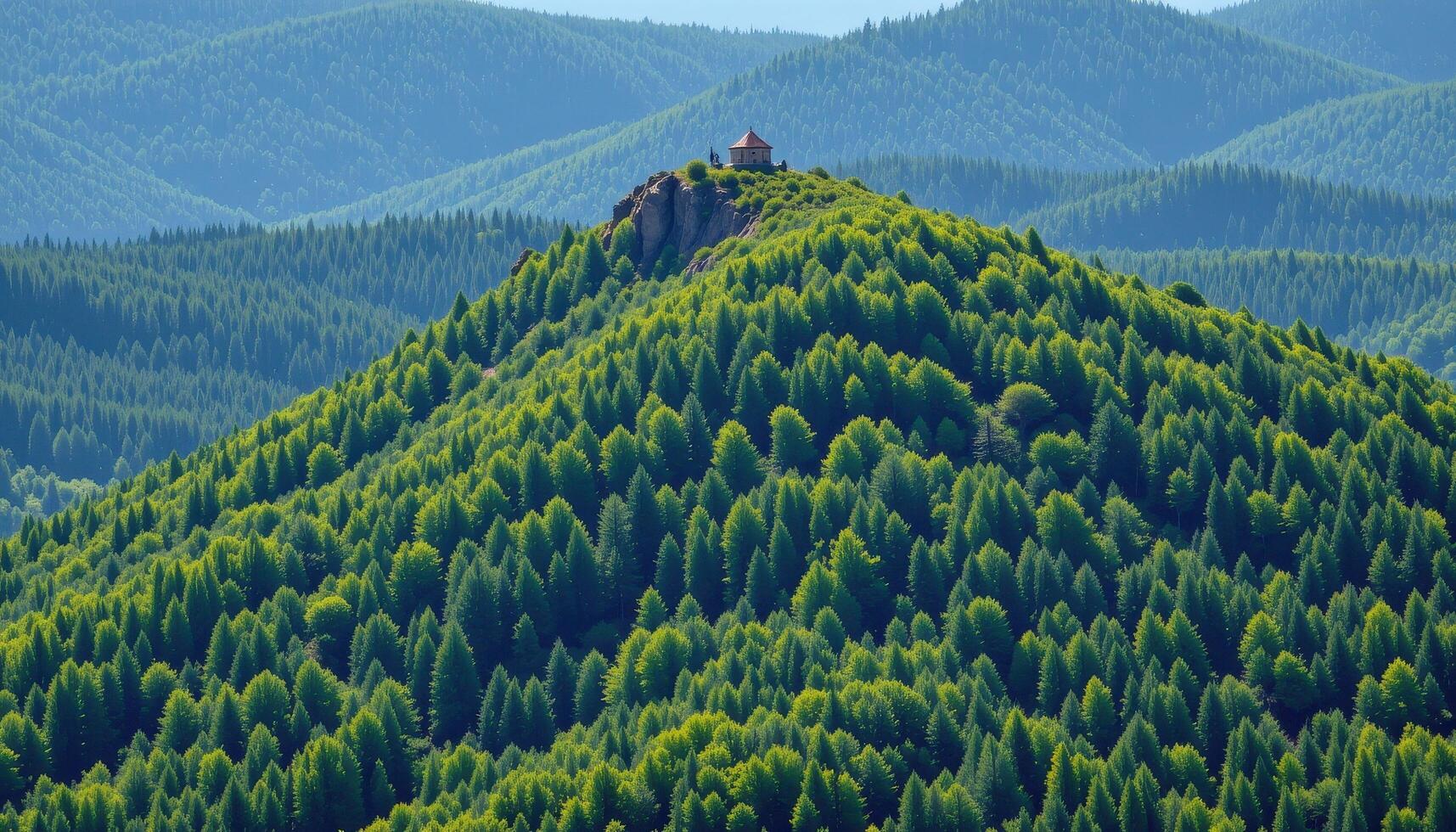 a sharp ridge rises abruptly from a dense green forest below. photo