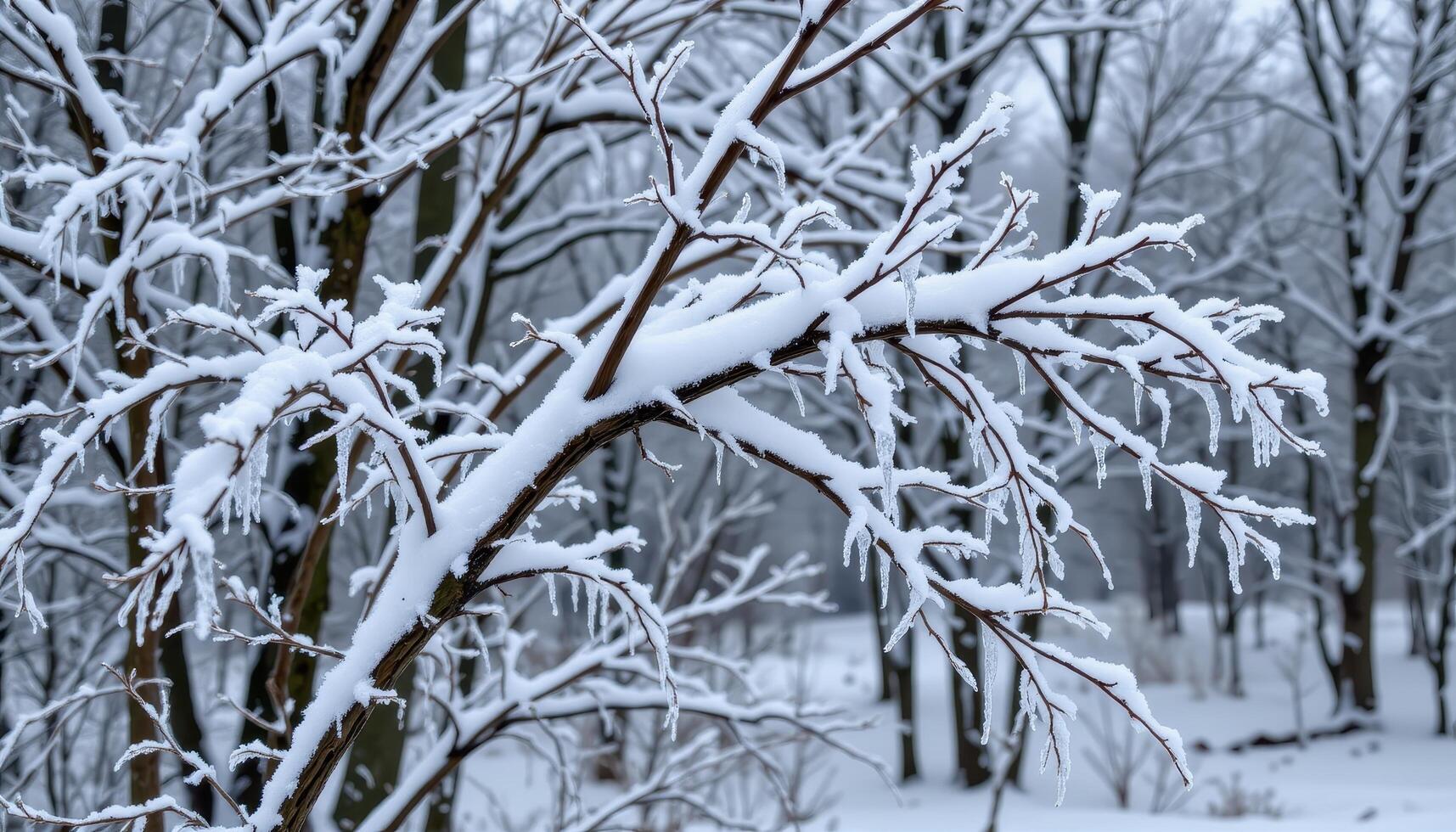 ice covers the branches of every tree in a silent winter grove. photo
