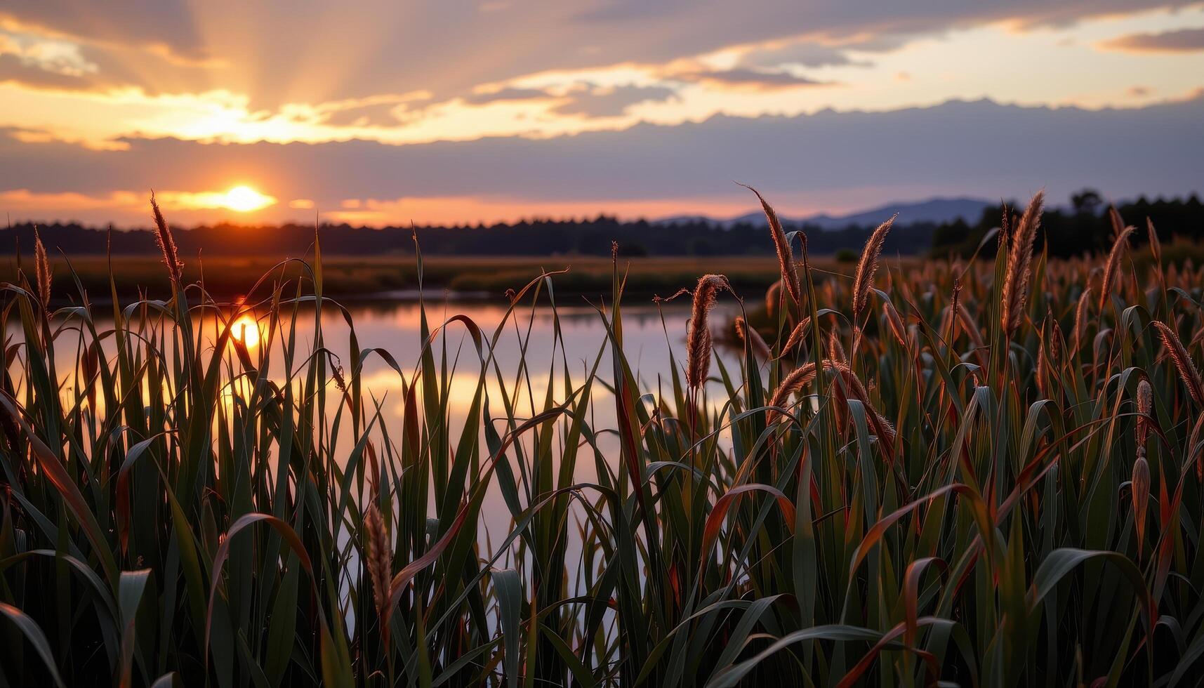 the wind rustles the reeds around a quiet marsh at twilight. photo