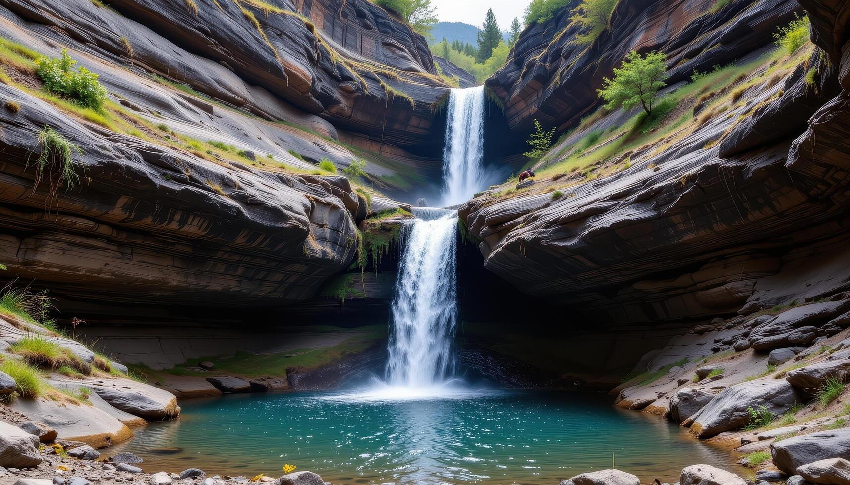 a hidden waterfall tumbles down layers of basalt rock into a secret pool. photo
