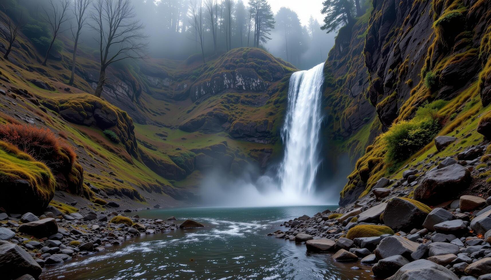 the sound of falling water echoes across a deep, mossy gorge. photo
