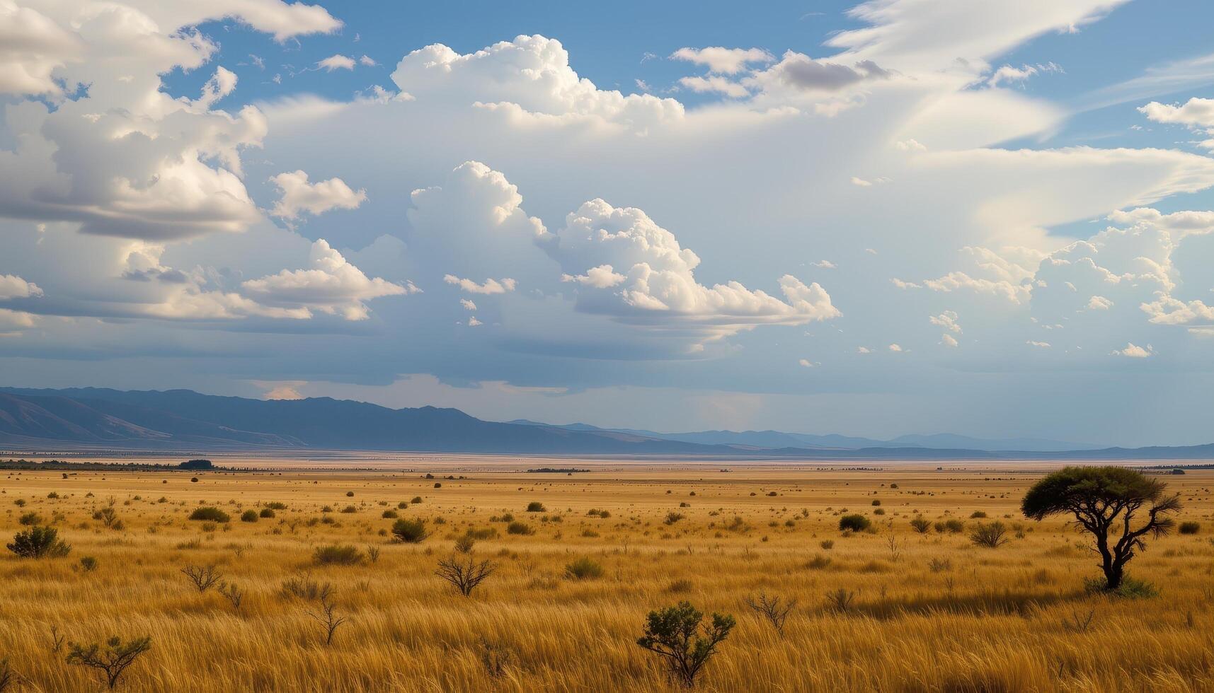 the vast savanna stretches endlessly beneath a cloud streaked sky. photo