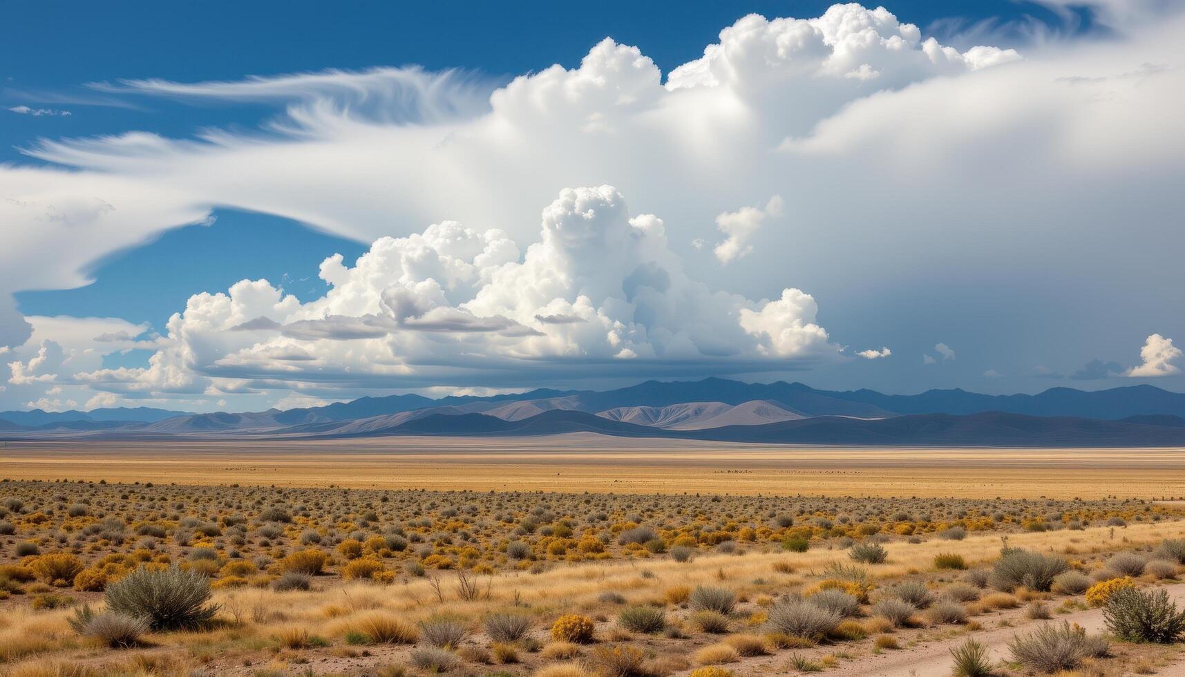 the wide open steppe stretches endlessly beneath dramatic clouds. photo