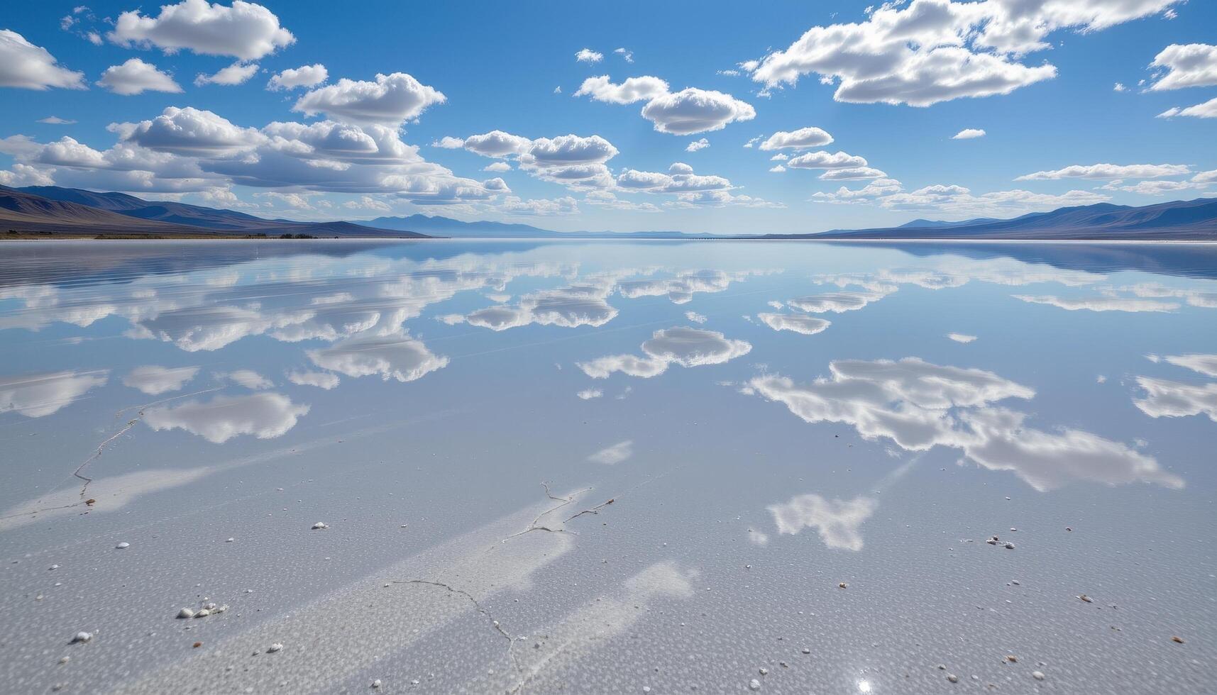 a salt flat reflecting the sky so perfectly it creates a seamless illusion of infinity. photo